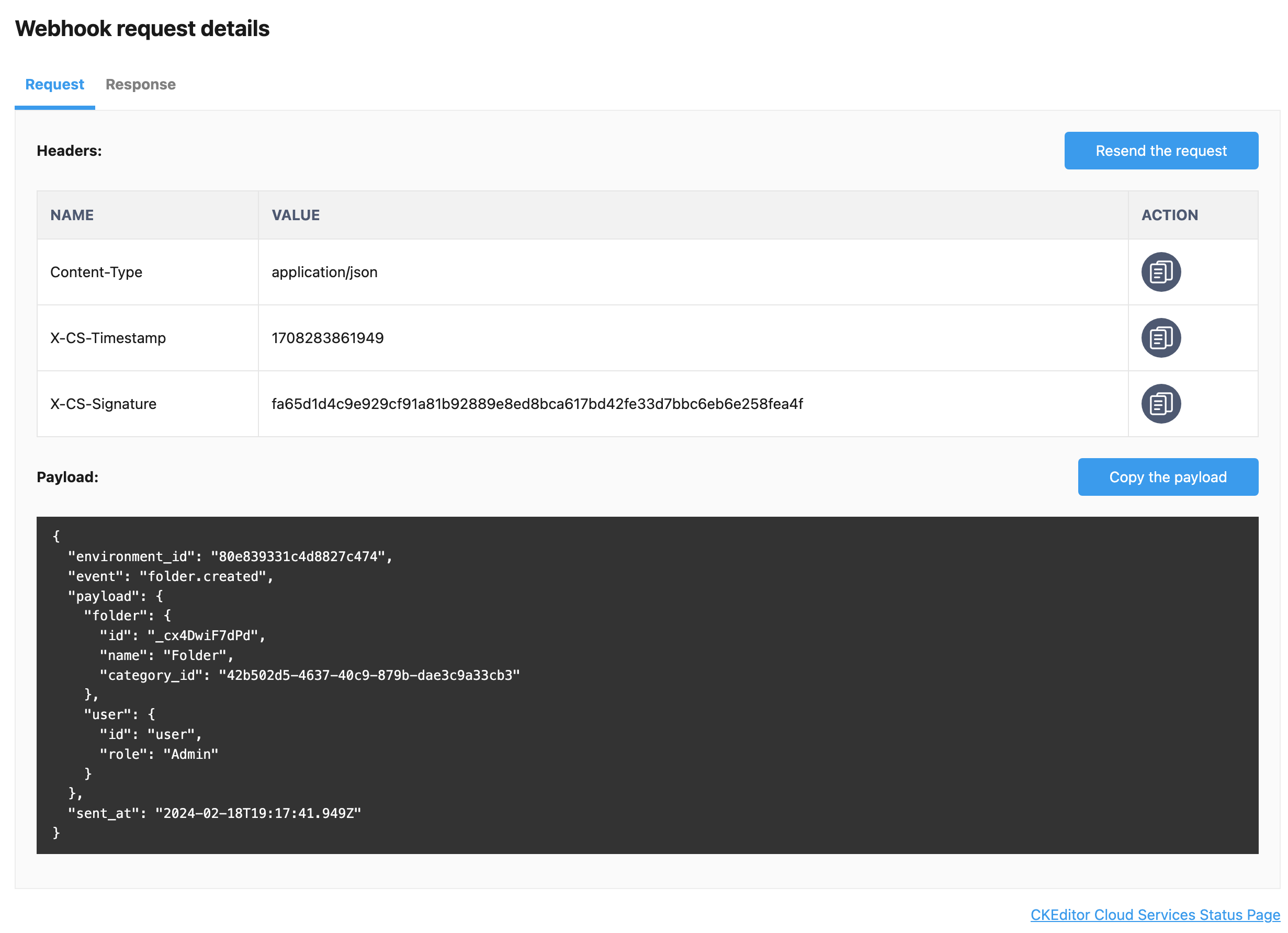 Webhook’s request’s details in the CKEditor Ecosystem customer dashboard.