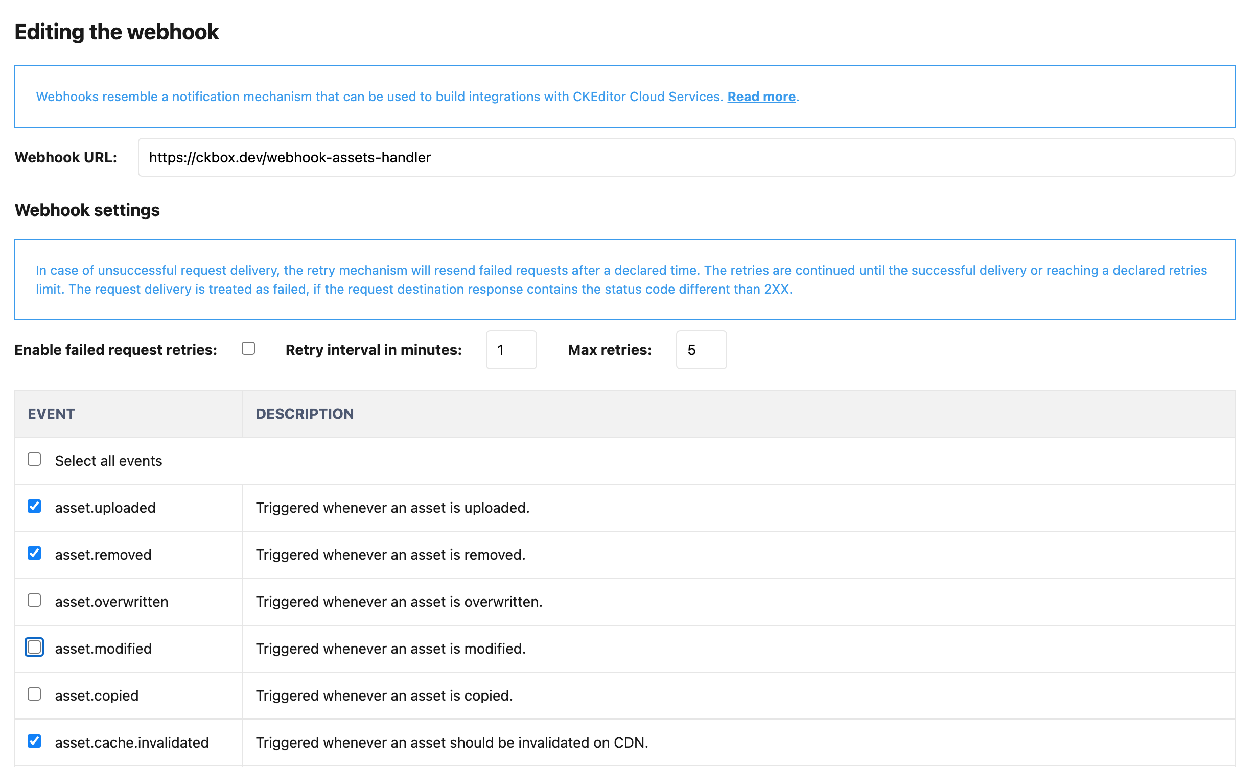 Edit webhook view in Customer Portal.