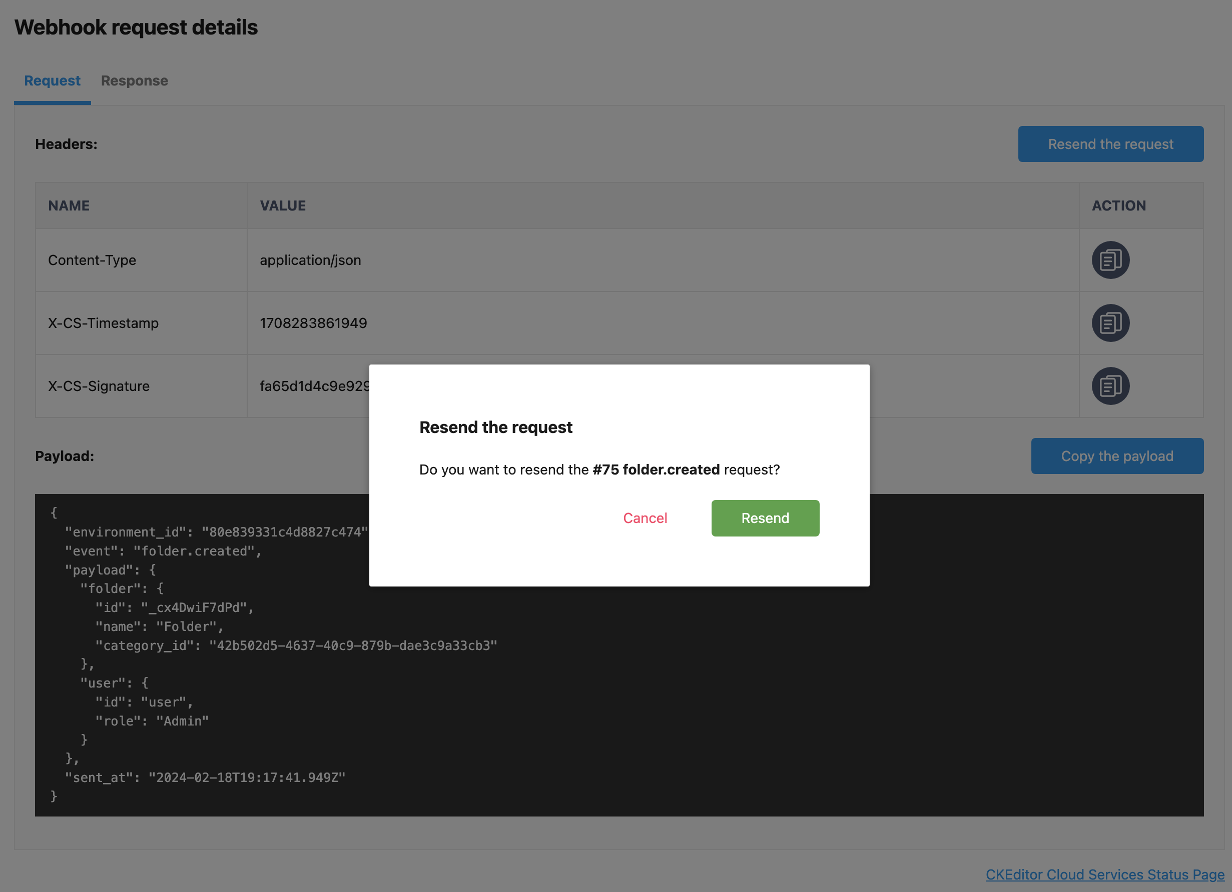 Webhook’s request resent confirmation in the Customer Portal.