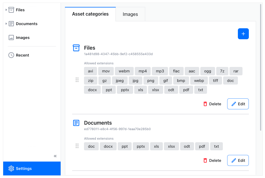 Administration panel - asset category management.