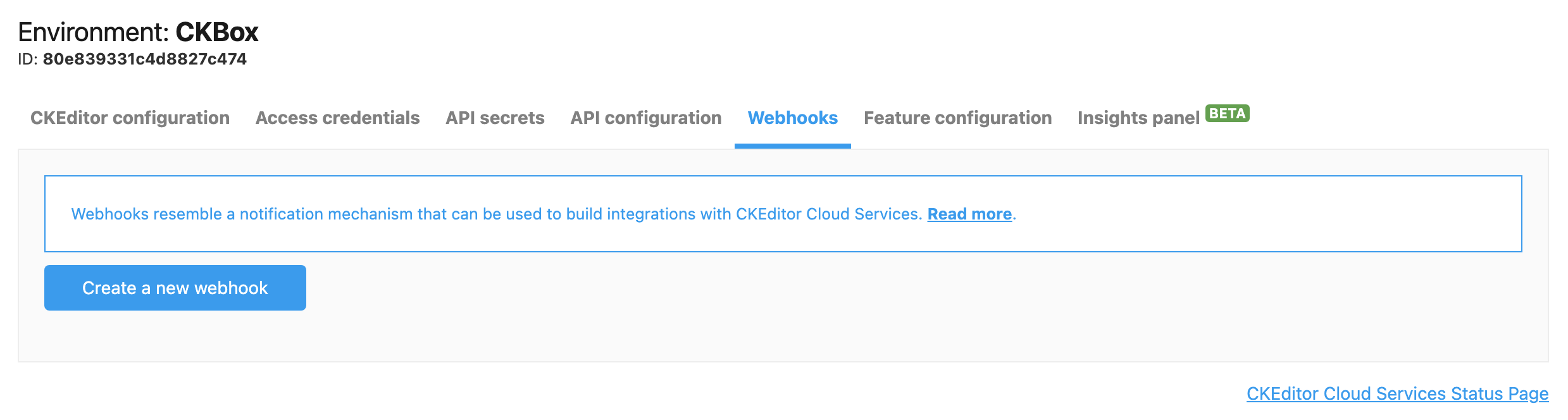 New webhook button in CKEditor Ecosystem customer dashboard.