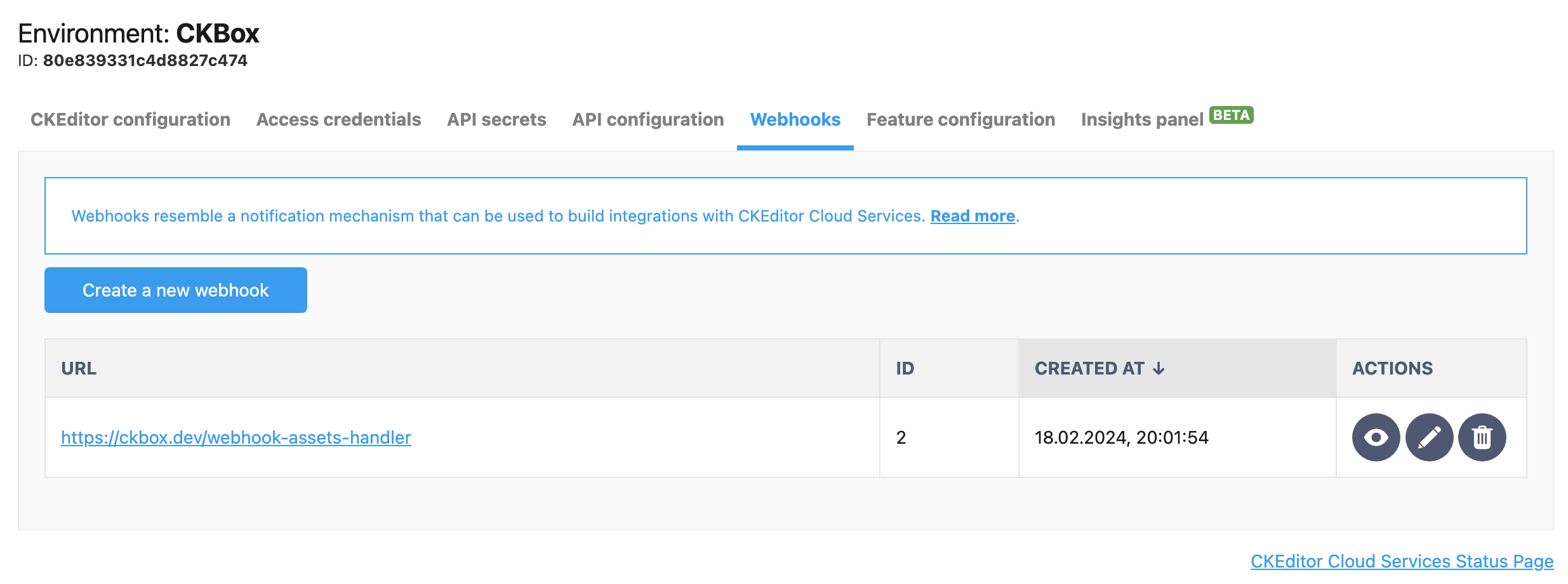 Webhooks list in the CKEditor Ecosystem customer dashboard.