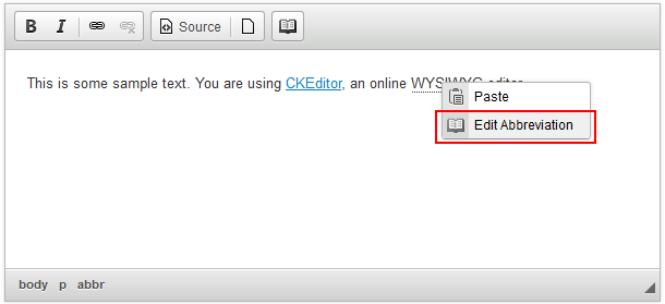 Edit Abbreviation context menu item added to CKEditor
