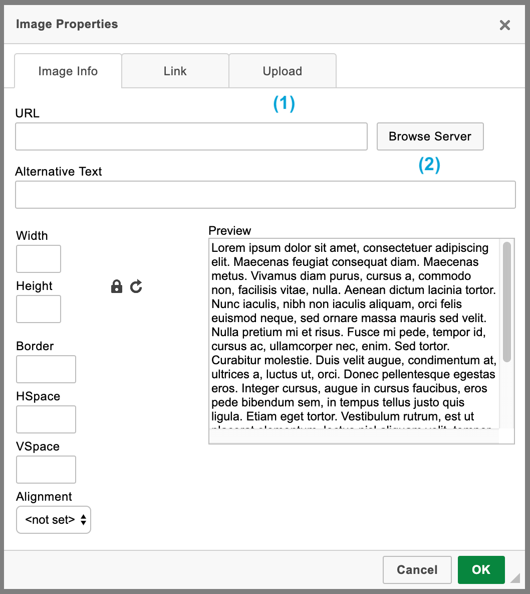 File browser features available for images in CKEditor 4 WYSIWYG editor