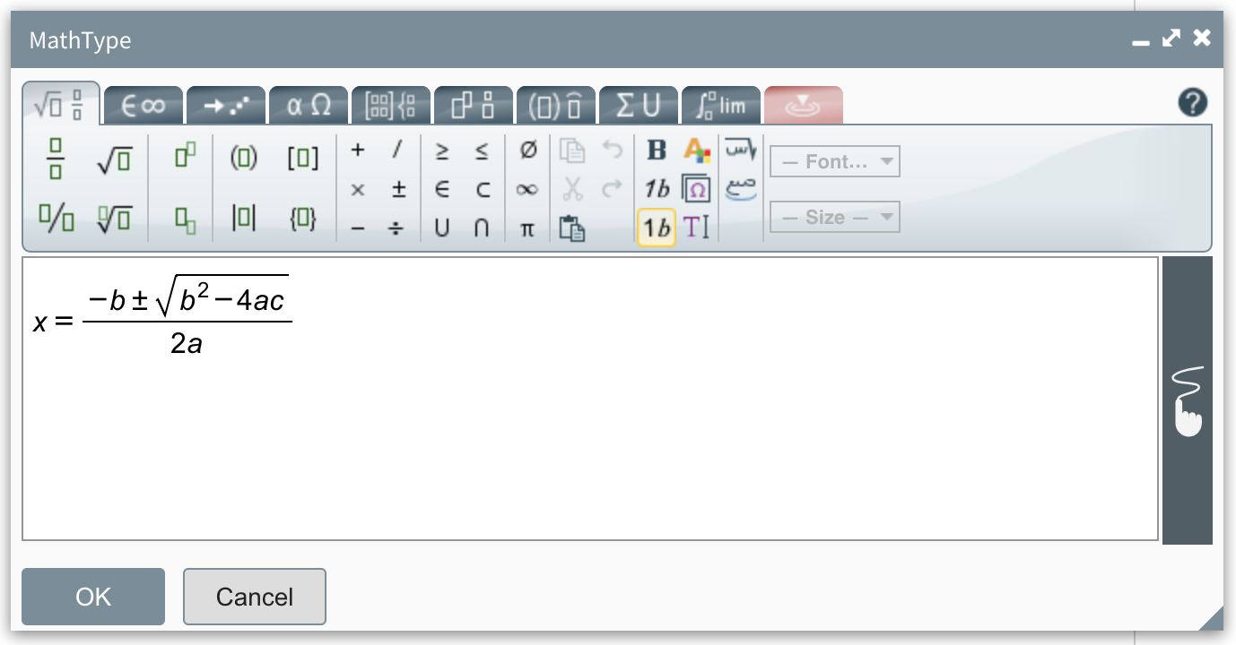 MathType dialog opened from CKEditor 4 WYSIWYG editor.