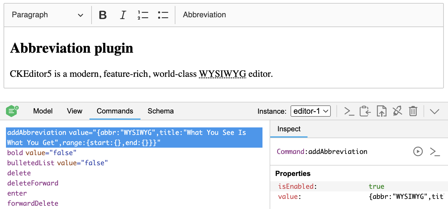 Screenshot of the CKEditor 5 inspector showing the value of the <code>addAbbreviation</code> command.