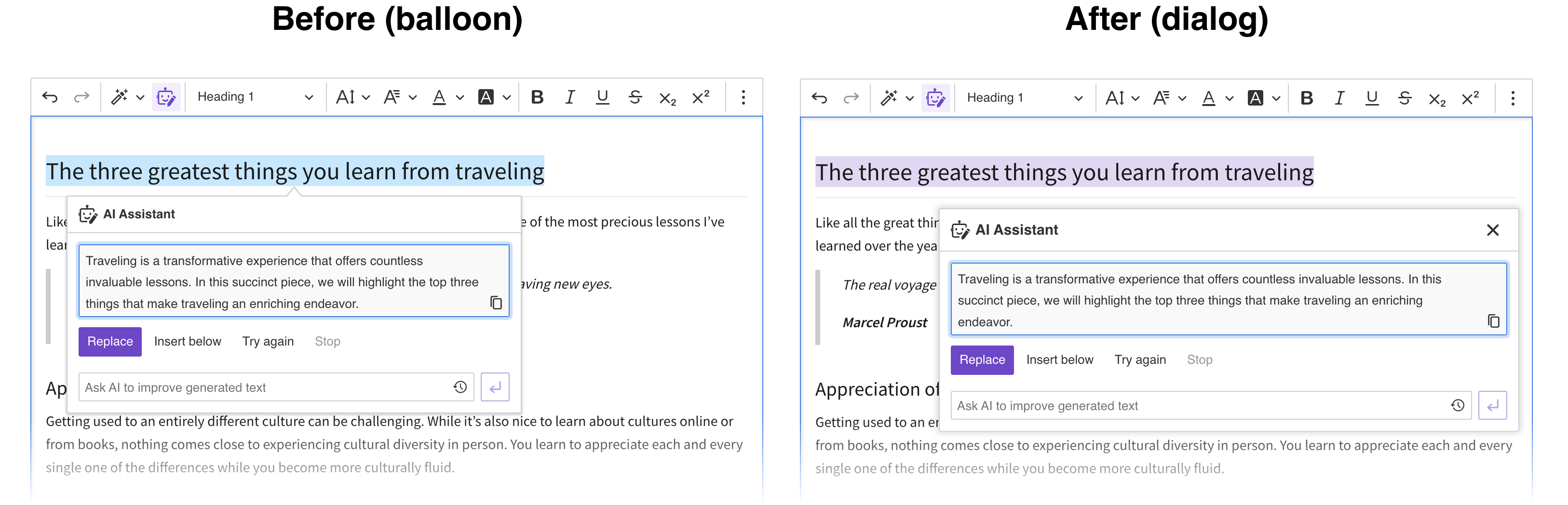 The comparison of AI Assistant UI before and after v41.x