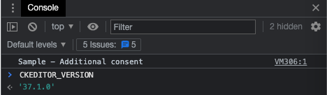 CKEditor 5 version displayed in the developer console.
