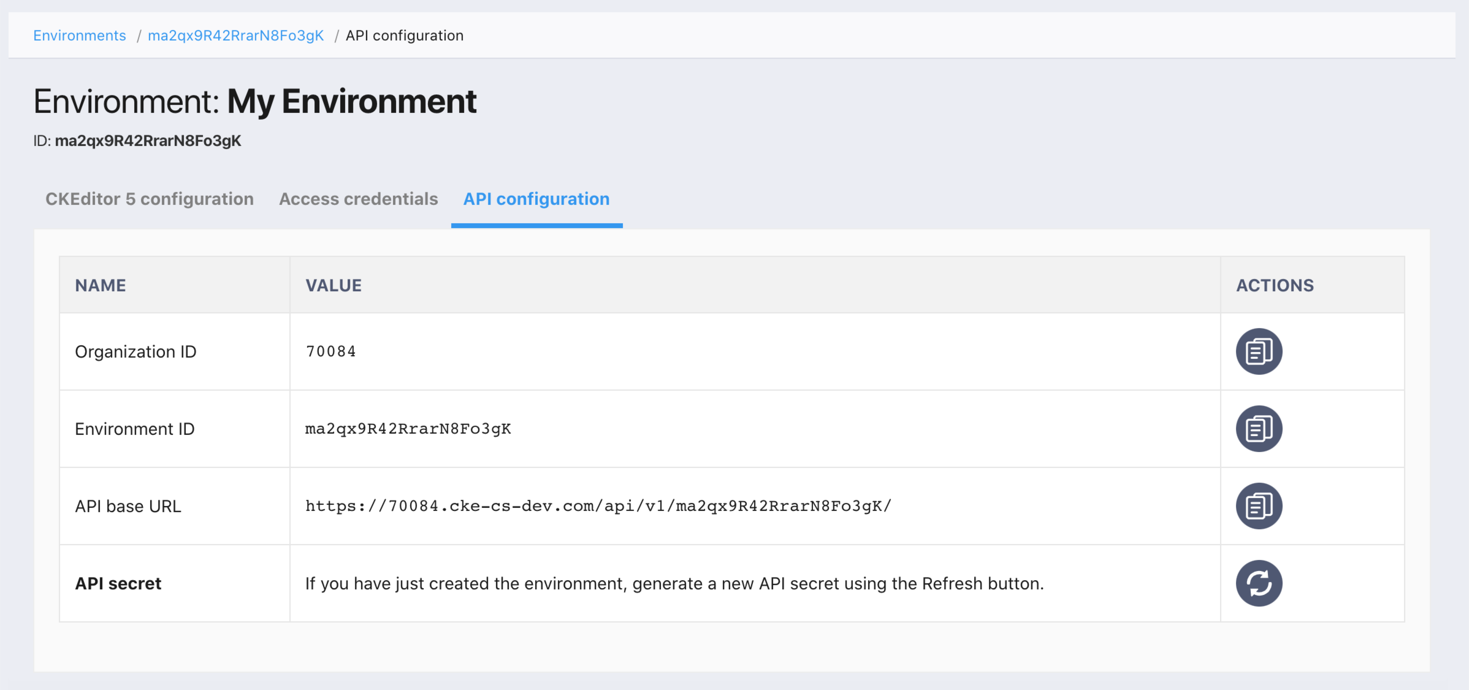 The API configuration section with the “Refresh” button in the API secret section.