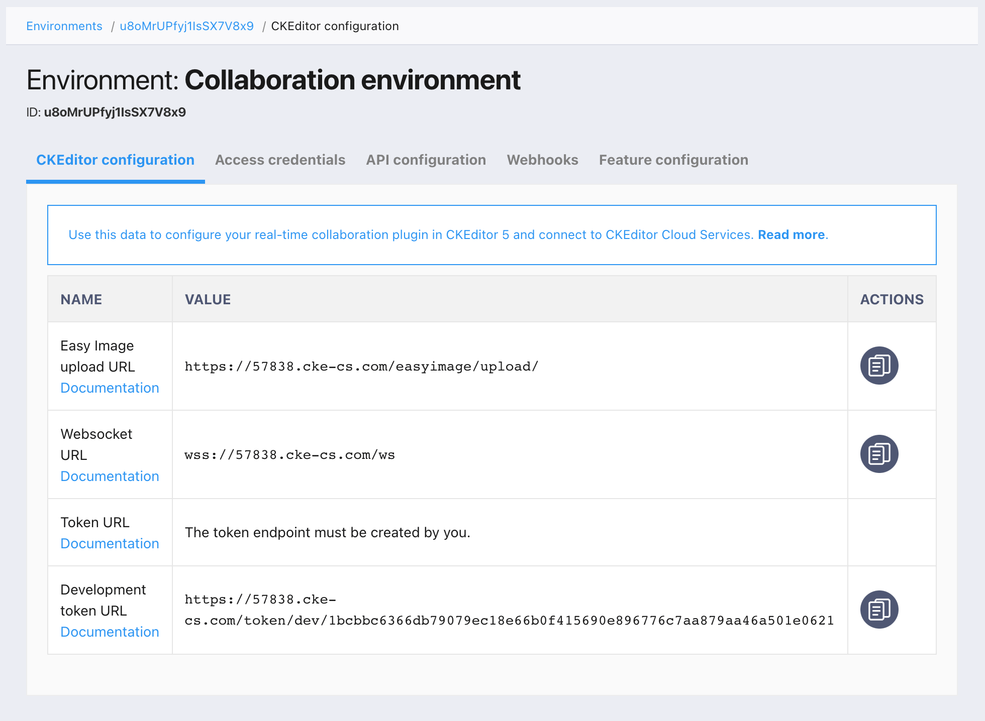 CKEditor 5 Configuration with the development token URL.