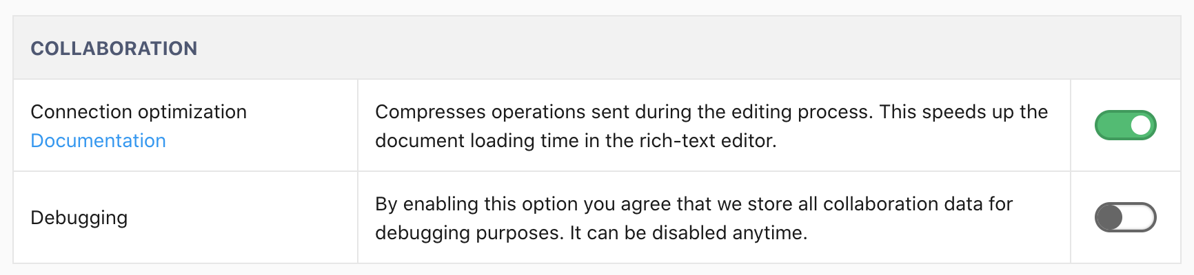 Feature configuration with enabled compression.