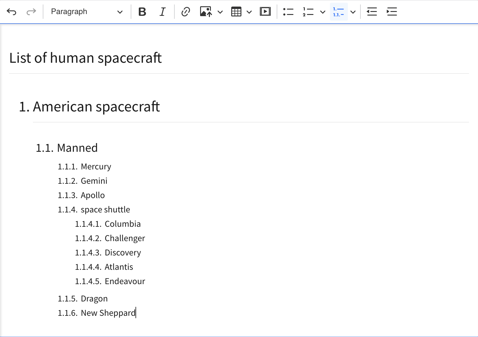 Example of a multi-level list inside the CKEditor 5: the list contains several items with nested subitems and uses legal numbering.