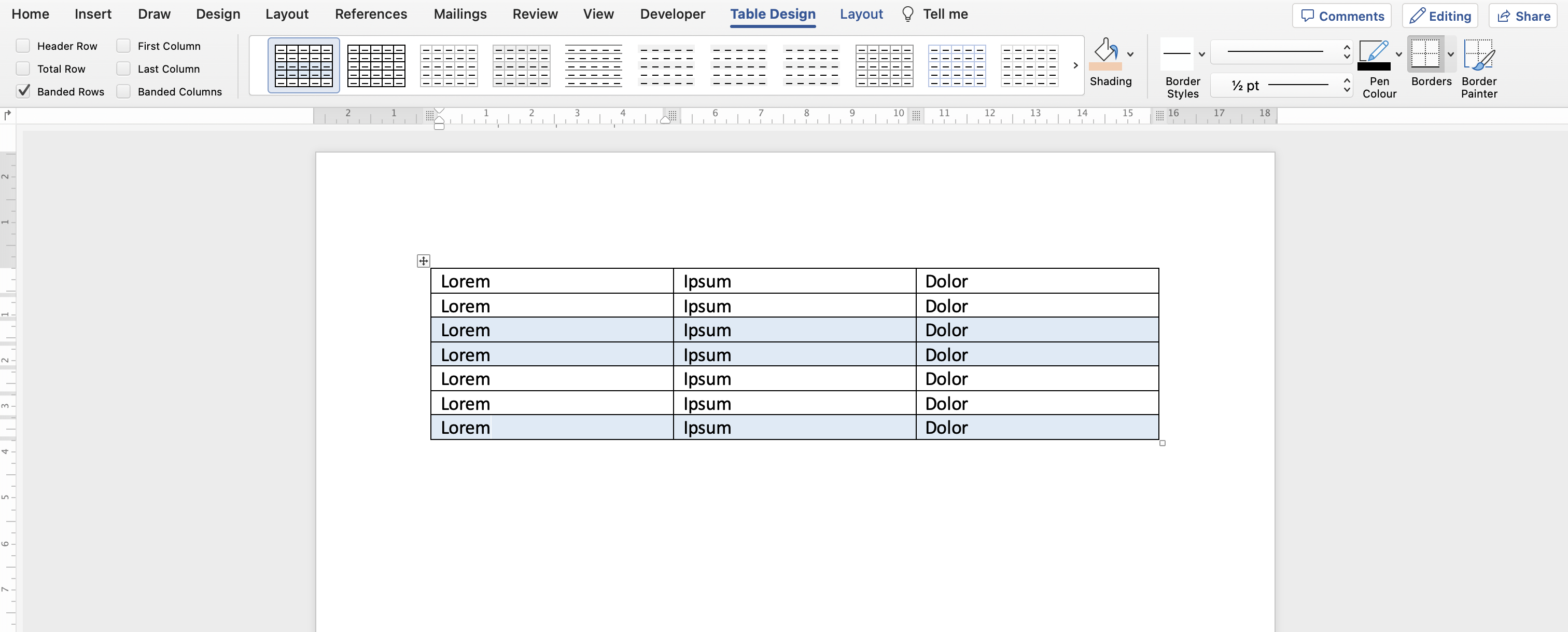 A table with the band size of rows changed to 2.