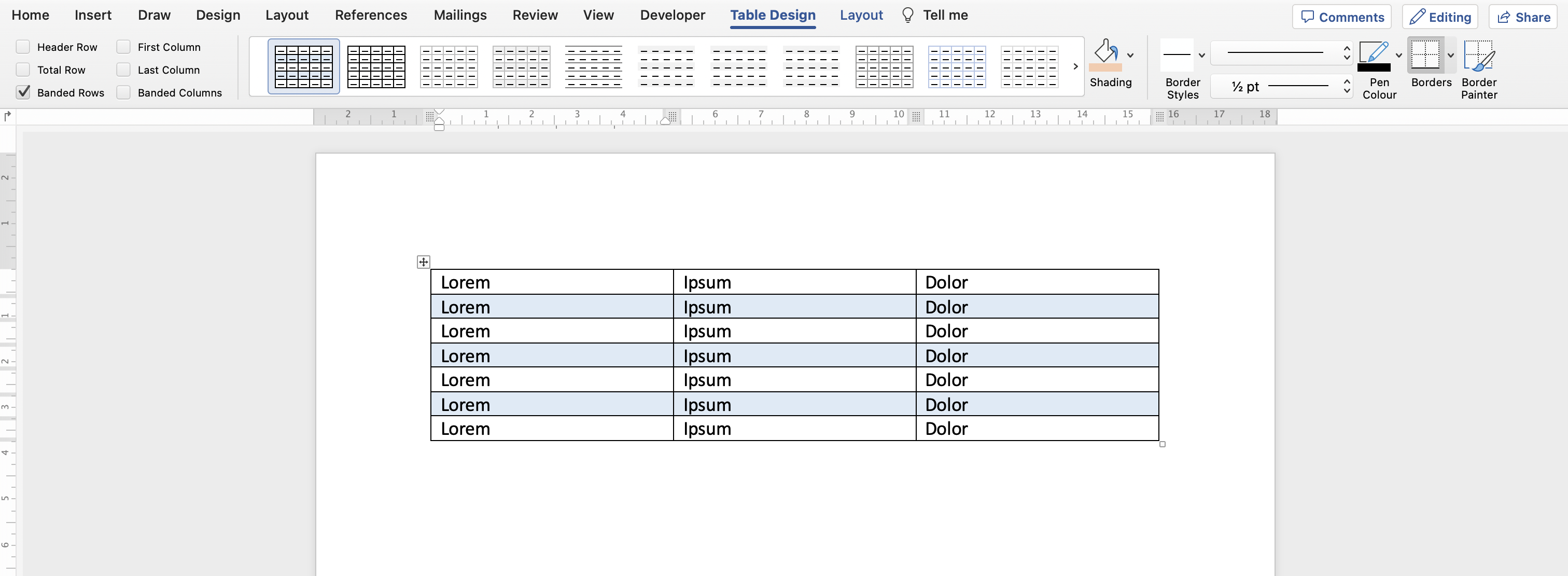 A table where even rows have a light blue background color.