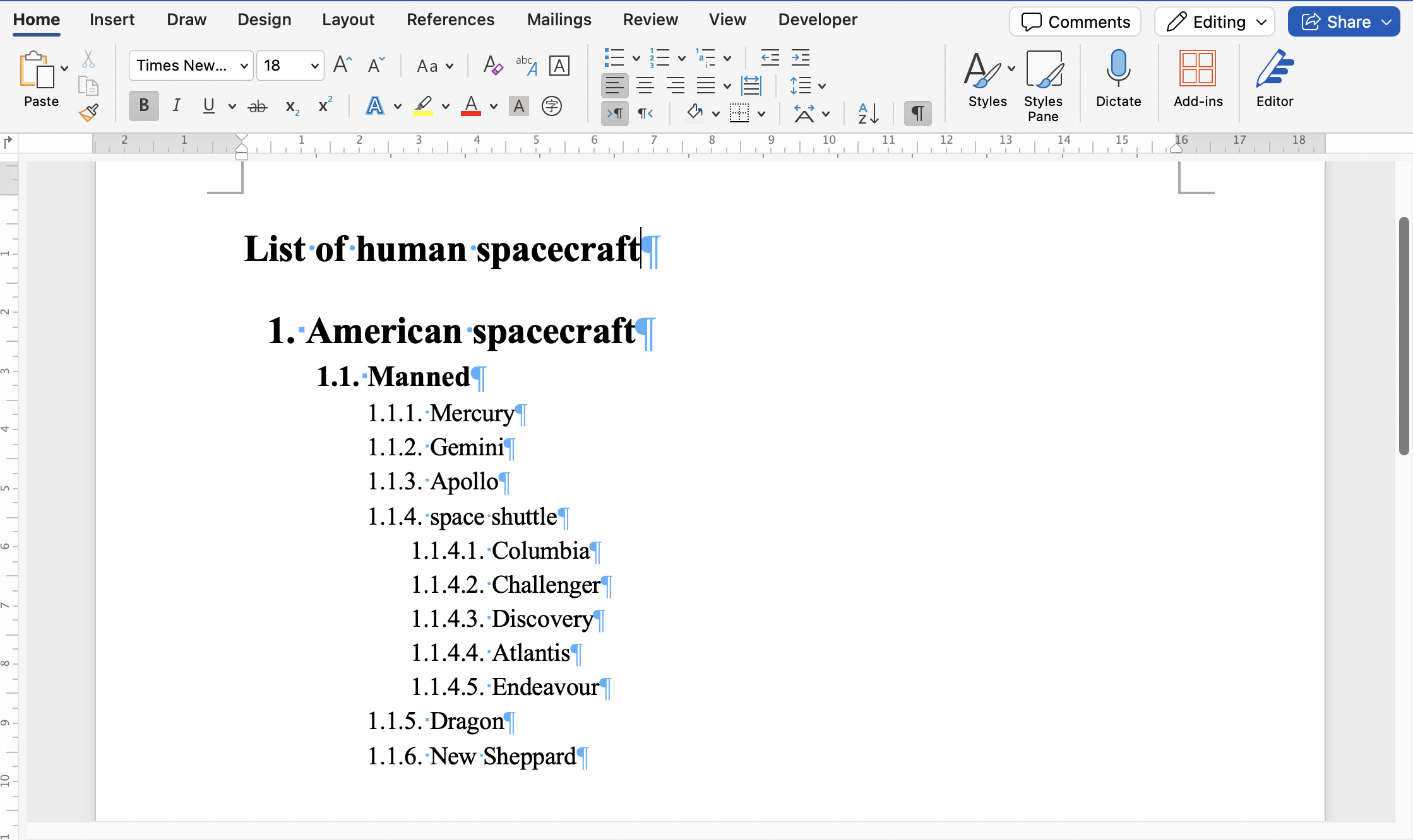 Example of a Word document with a multi-level list: the list contains several items with nested subitems and uses legal numbering.