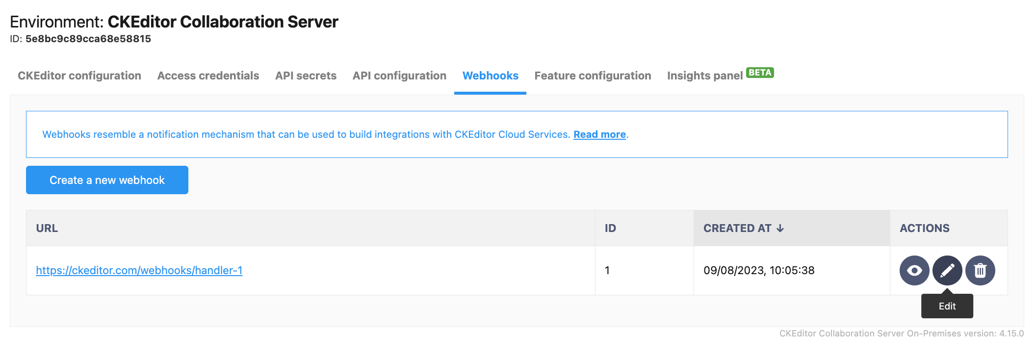 Edit webhook button in CKEditor Ecosystem customer dashboard.